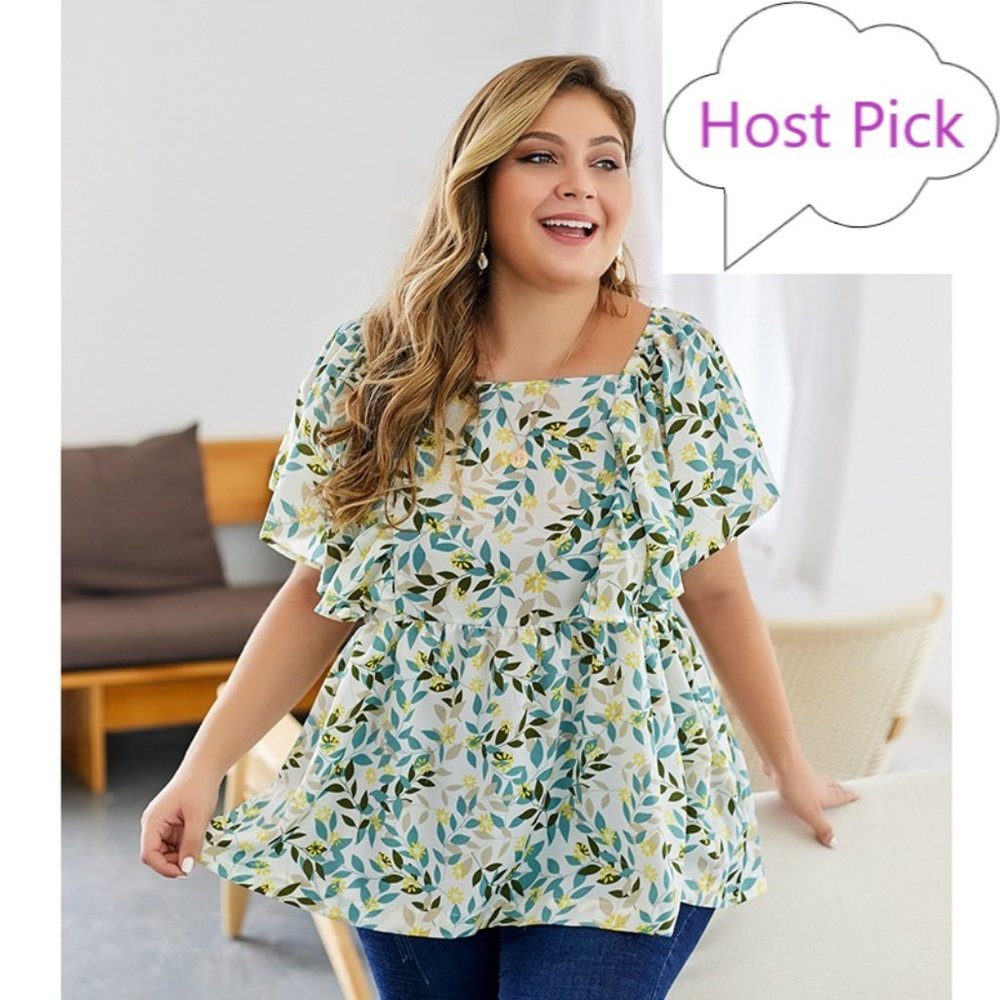 Plus Size White Leaf-Print Flutter Sleeve Blouse